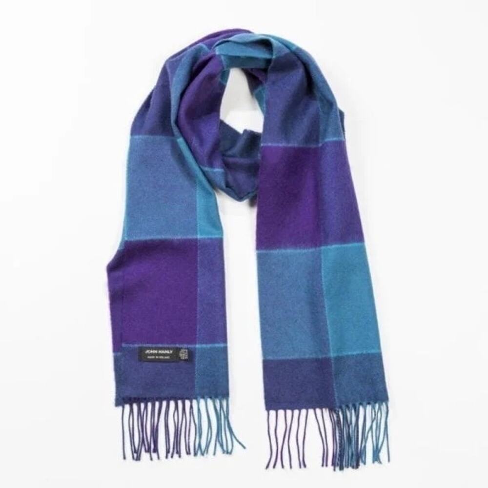 John Hanley Ireland Merino Luxury Wool Scarf Blue Purple Plaid NWT 12" x 71"